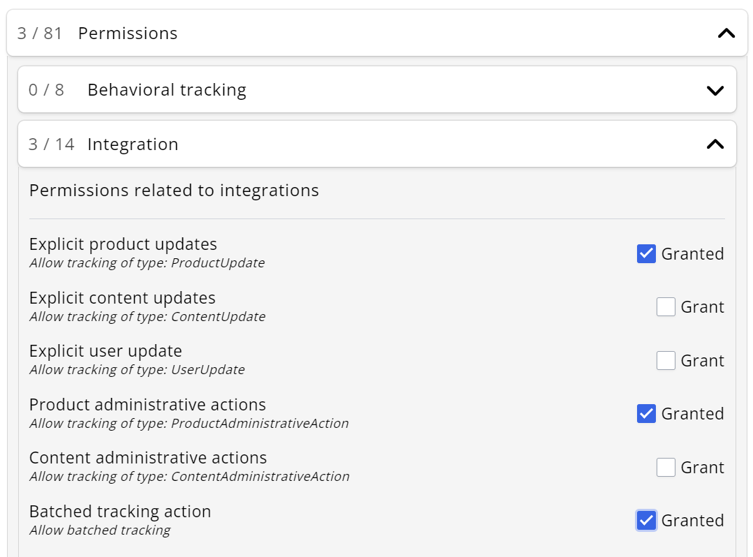 API key permissions for Commercetools integration