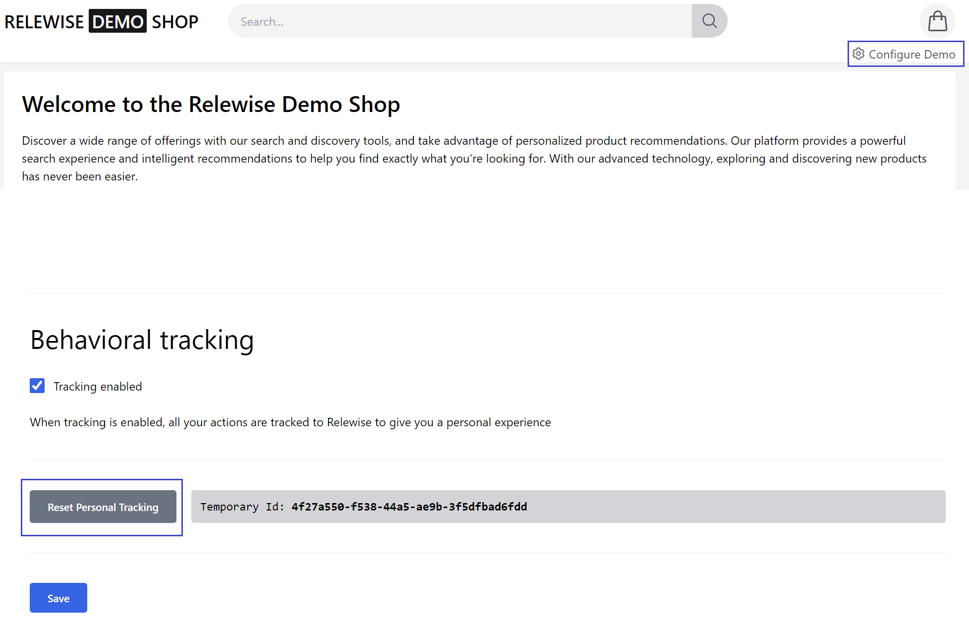 Resetting the Relewise Demo behavioral tracking