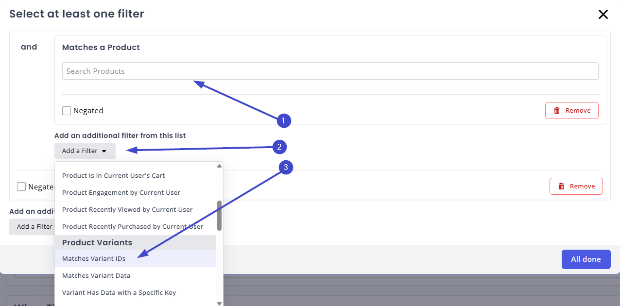 Select ProductId and VariantId filters