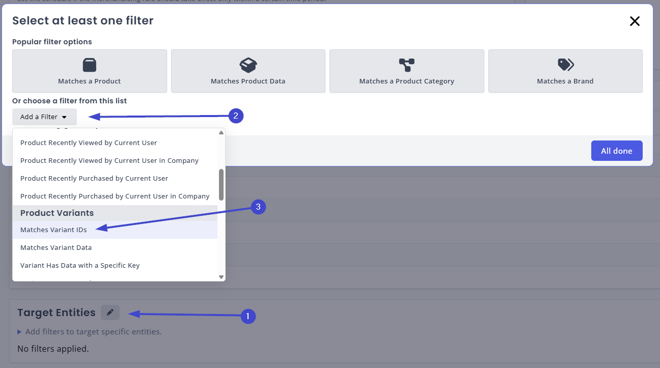 Select the Matches Variant IDs filter type