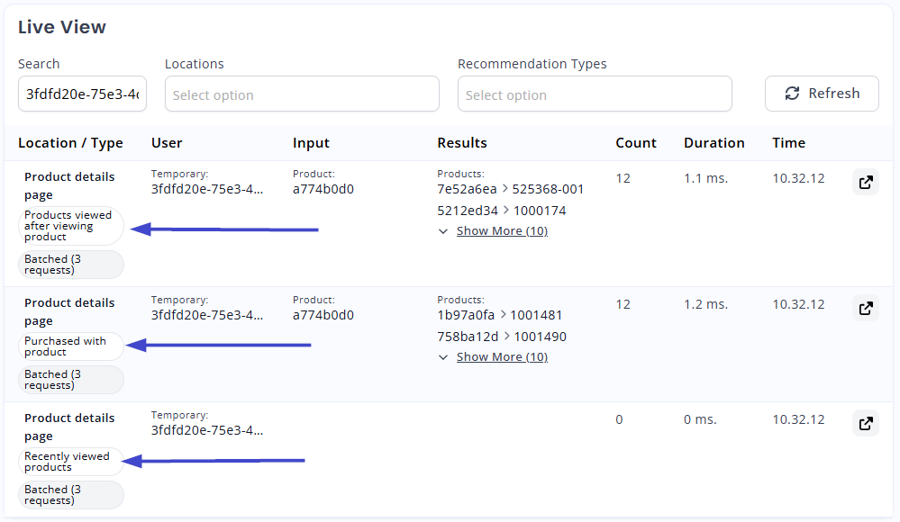 Identify your Recommendation Type by using the Live View page