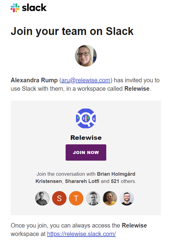 Receiving the invitation to join the Relewise Slack workspace