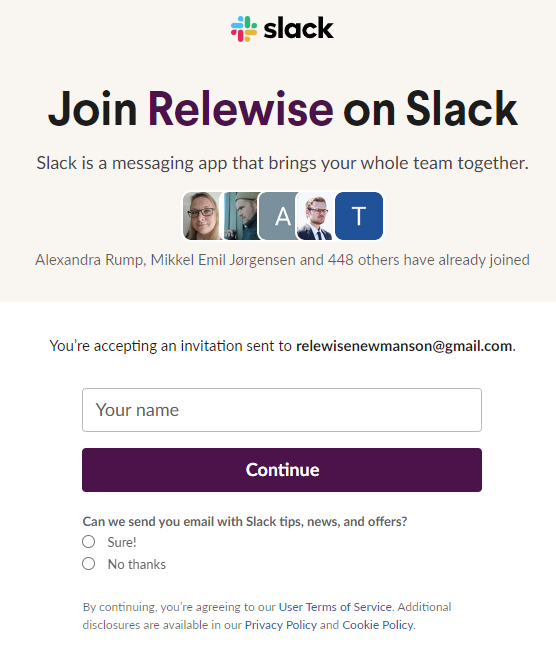 Accepting the invitation to join the Relewise Slack workspace