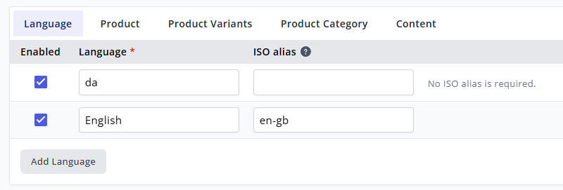 Example of languages in the search index