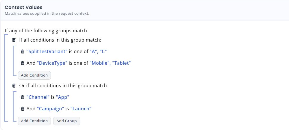 Context Values conditions in two alternative groups, with AND conditions inside each group and Add Group below