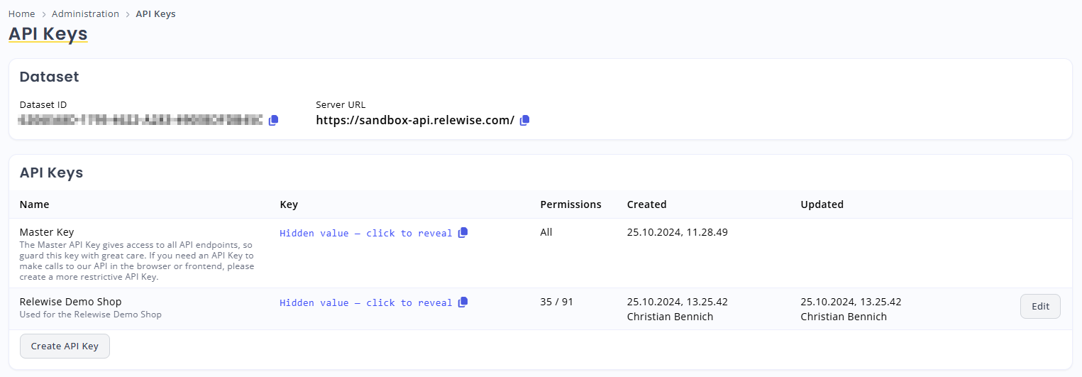 My Relewise API Keys Overview
