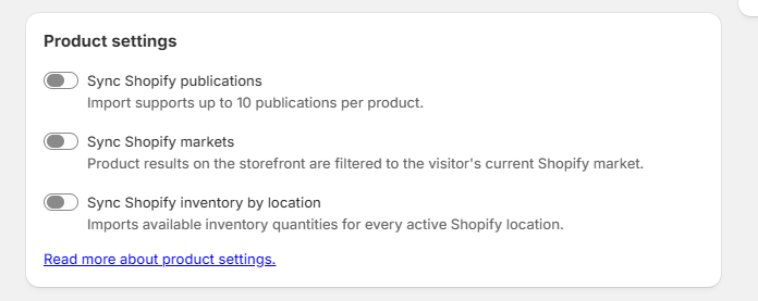 Product settings in the Shopify App