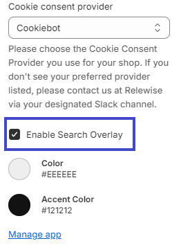 Activate the Search overlay beneath the cookie consent provider selection