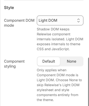 Settings for configuring DOM and Styling