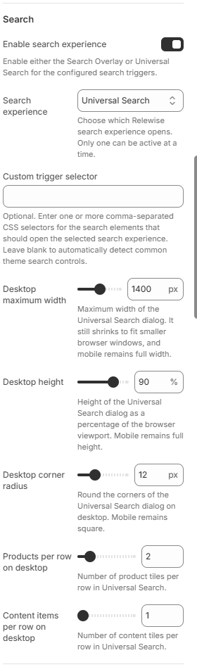 Enable Universal Search and configure its desktop layout in the Relewise UI app embed