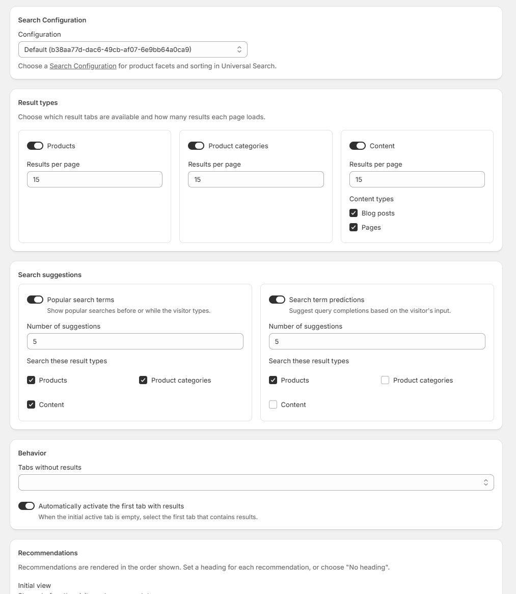 Configure the Search Configuration, result types, suggestions, and behavior for Universal Search
