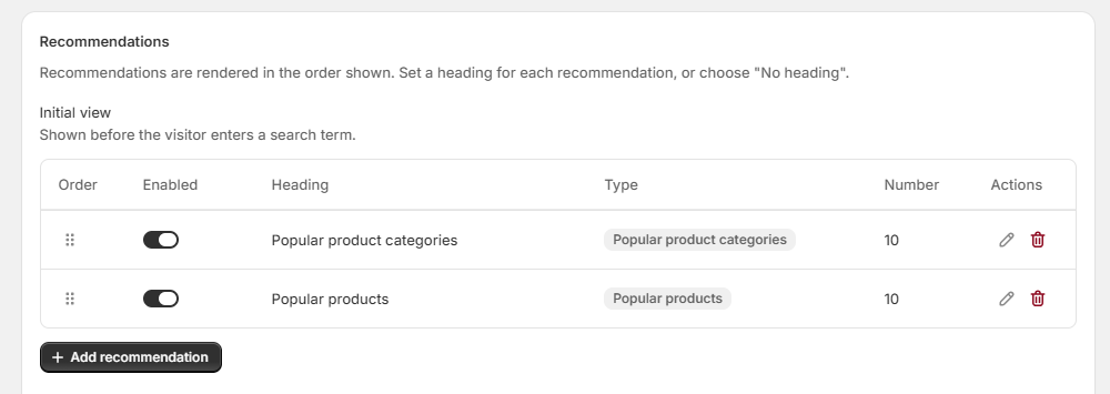 Configure and order recommendation blocks for Universal Search