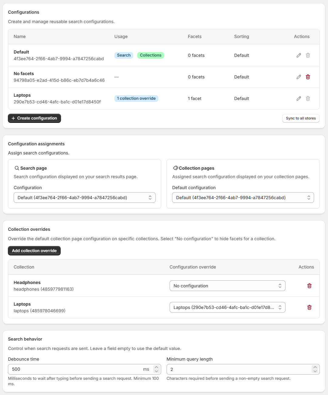 Search Configurations overview with page assignments, collection overrides, and Search behavior settings